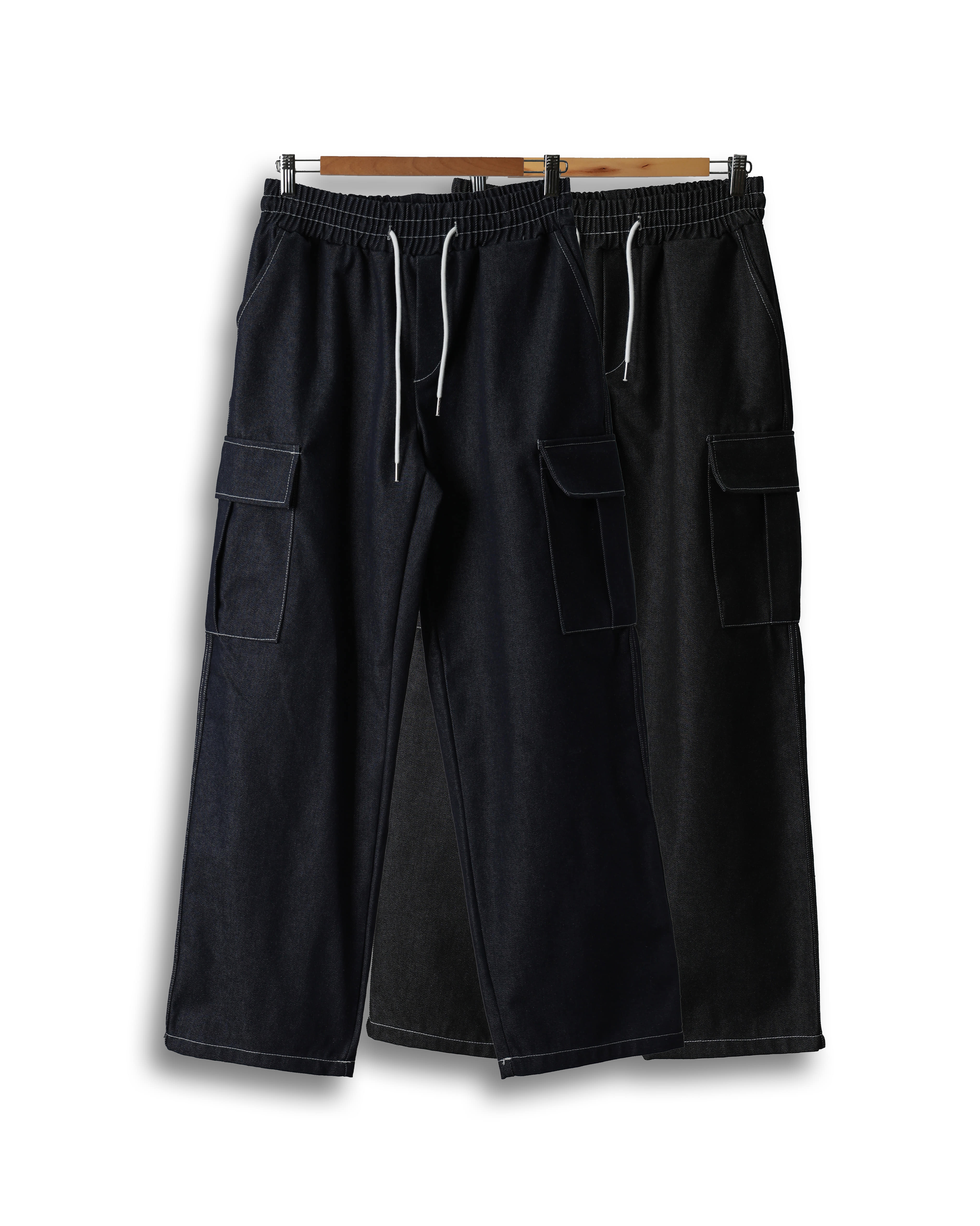 NOOR Raw Stitch Denim Cargo Pants (Black Denim/Blue Denim)