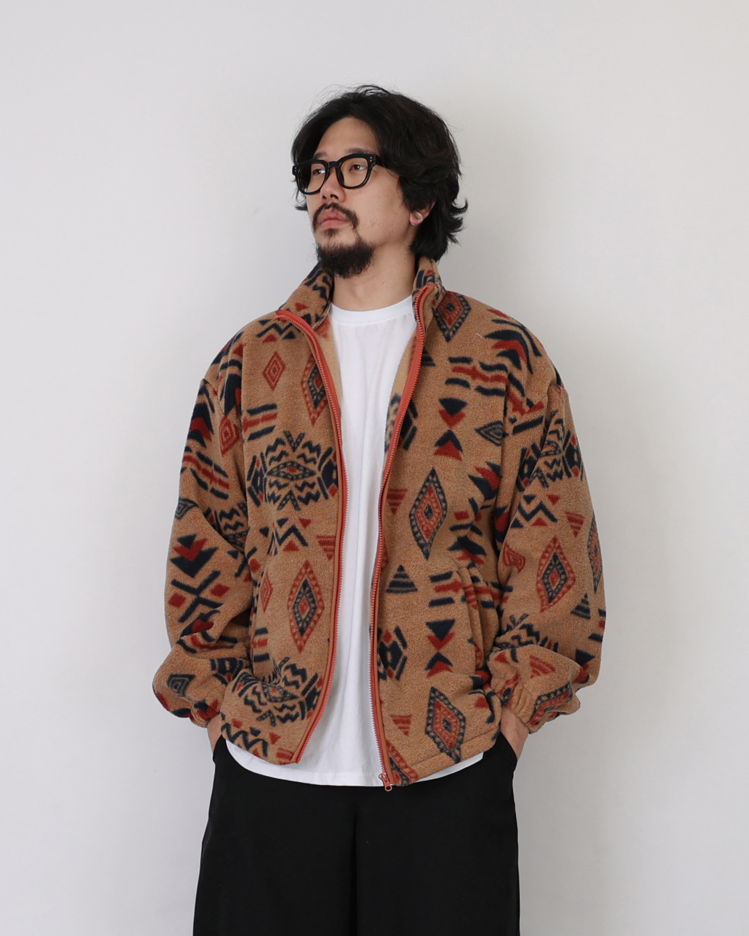 ETHNIC Pattern Oversized Fleece Jacket (Khaki/Brown/Ivory)