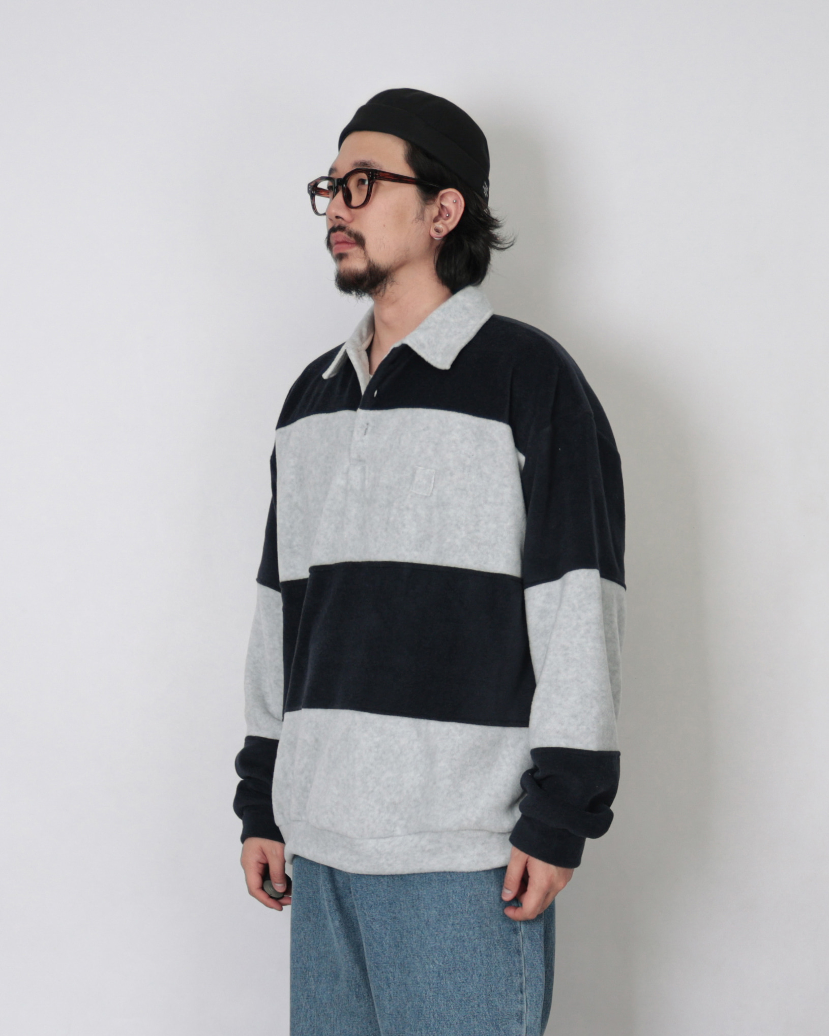Fleece Bold Stripe Collar T Shirts (Gray/Khaki)
