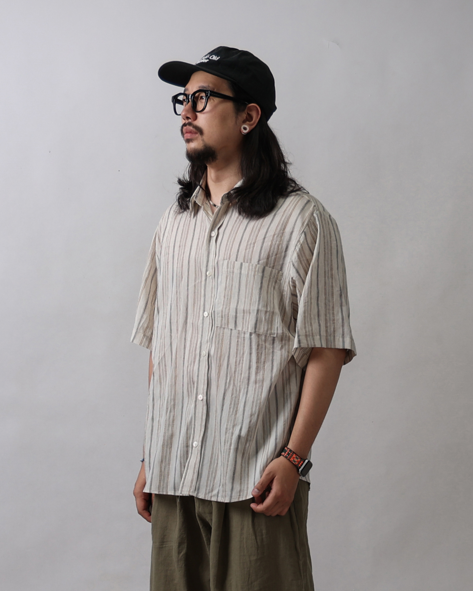 DIER Neutral Stripe Linen Half Shirts (Beige/Ivory)
