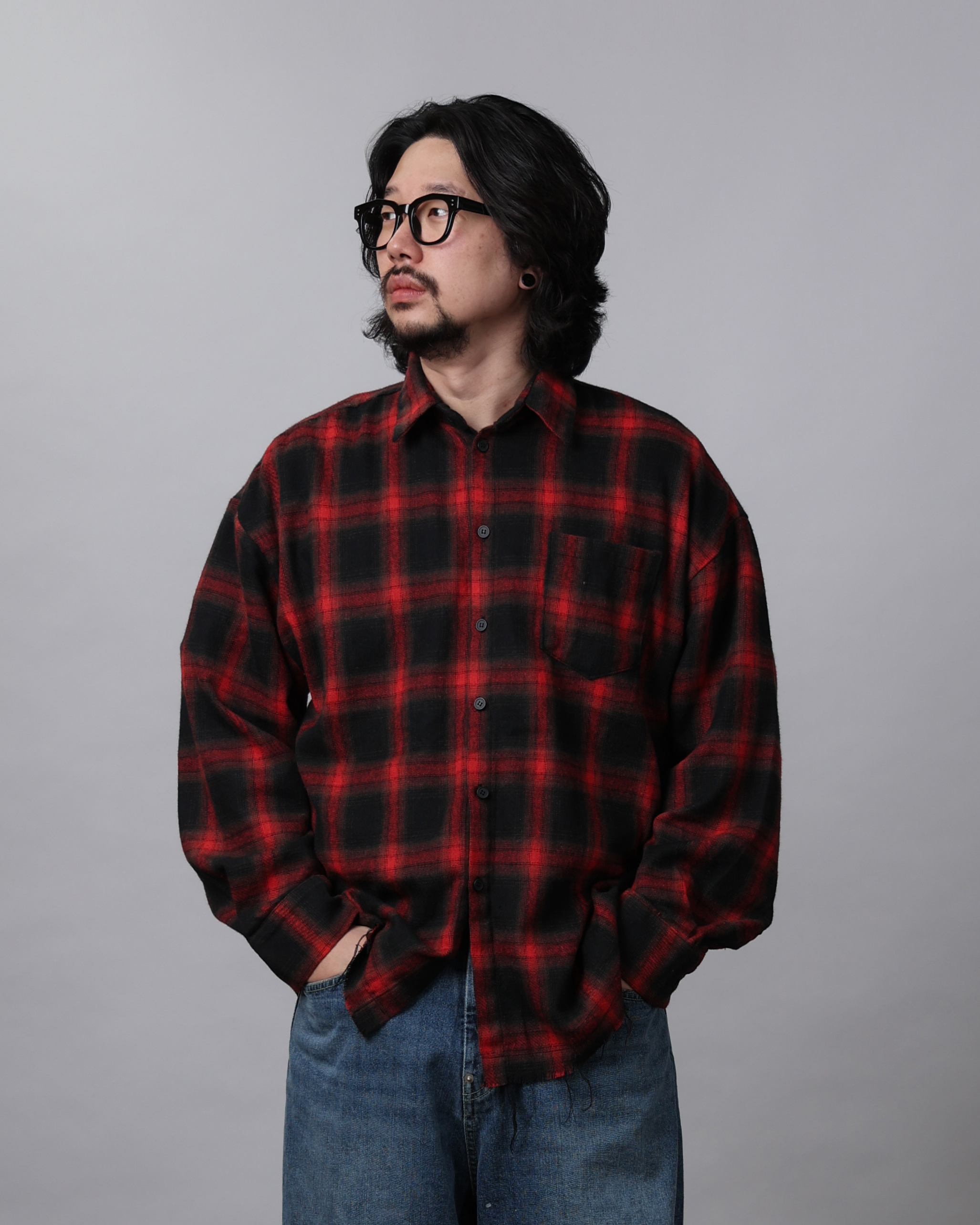 DOVR OMBRE Damaged Check Over Shirts (Black/Navy/Blue/Red)