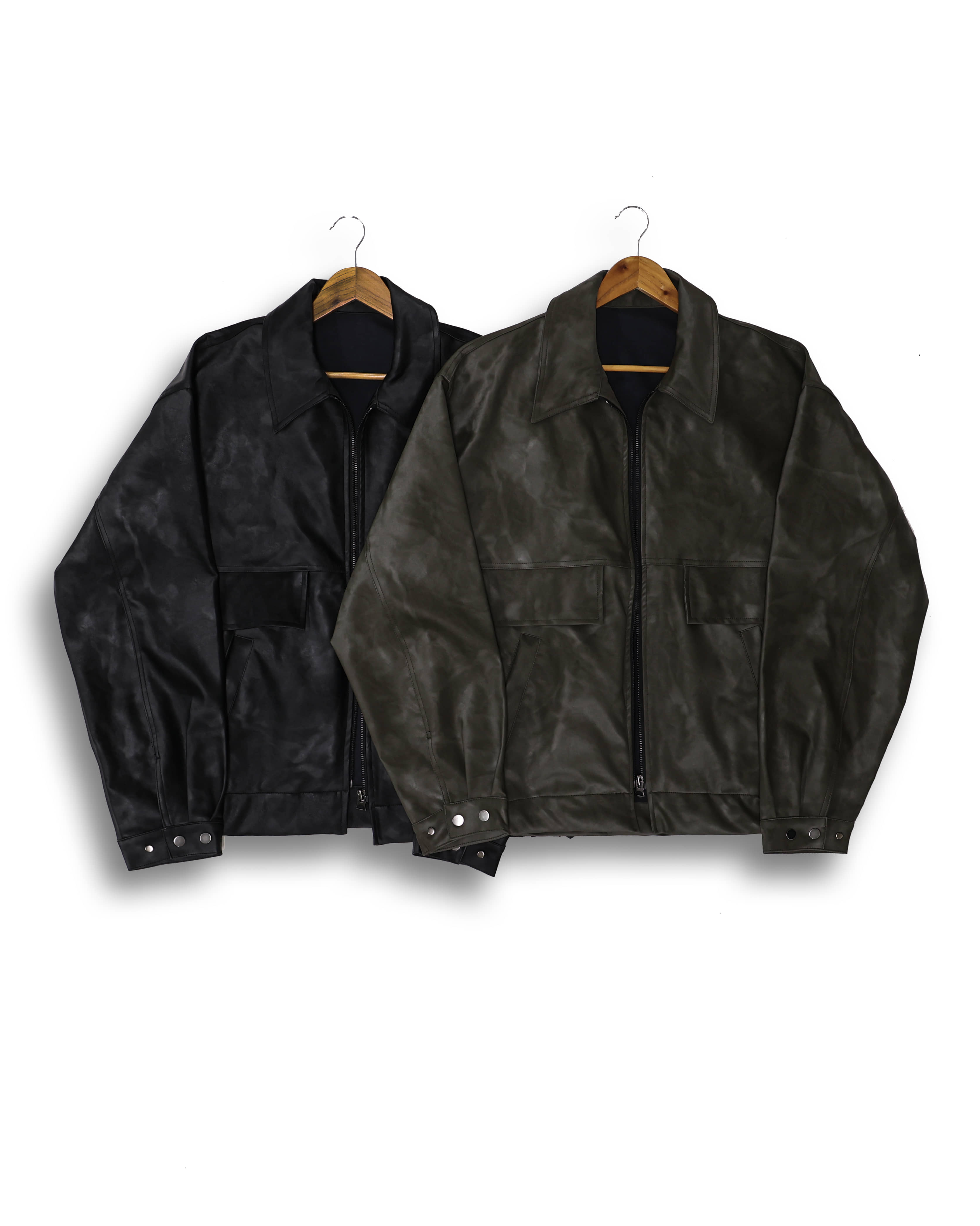 Vintage Two Pocket Vegan Leather Jacket (Black/Khaki)