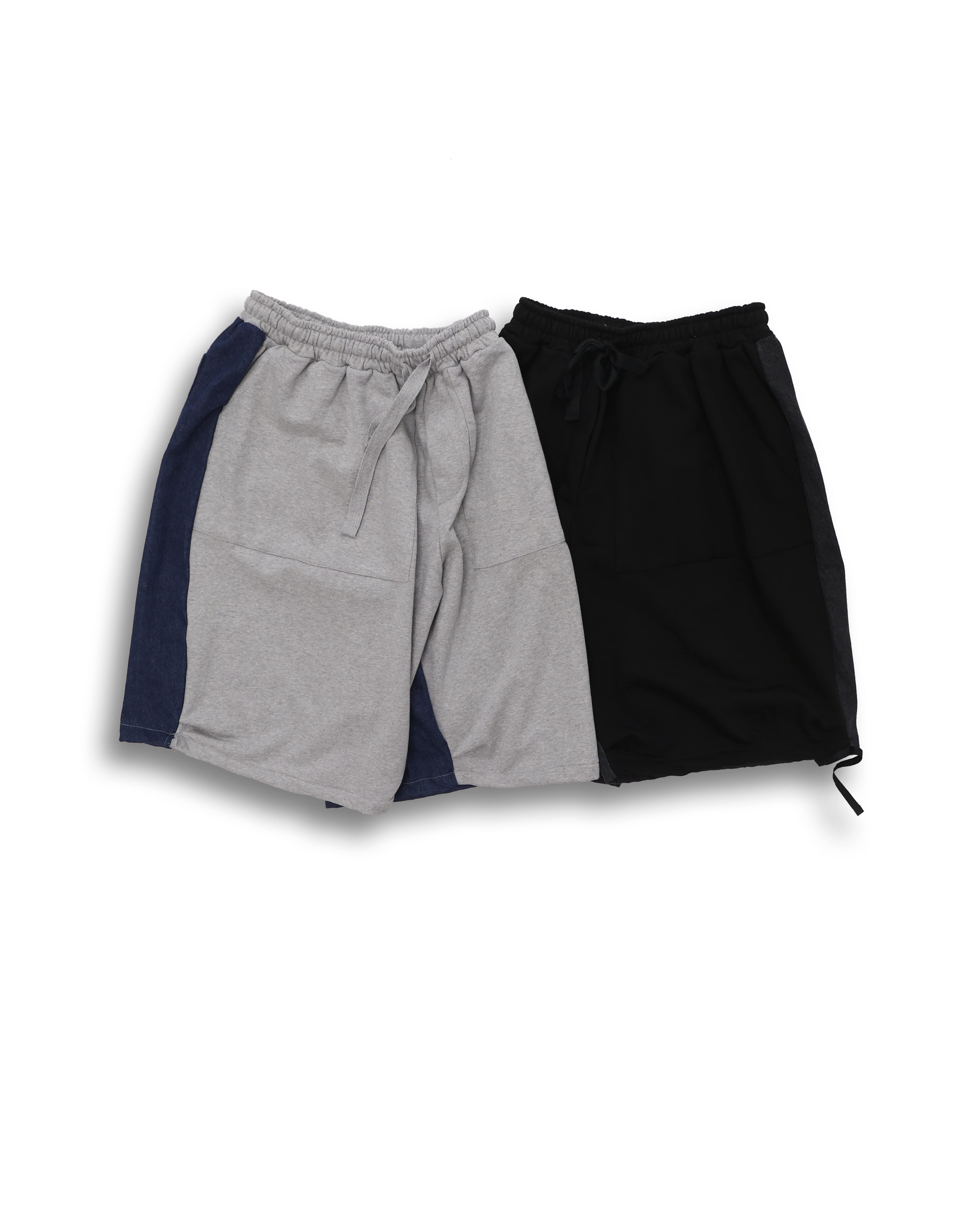 Mixed Denim Sweat Strap Half Pants (Black/Gray)