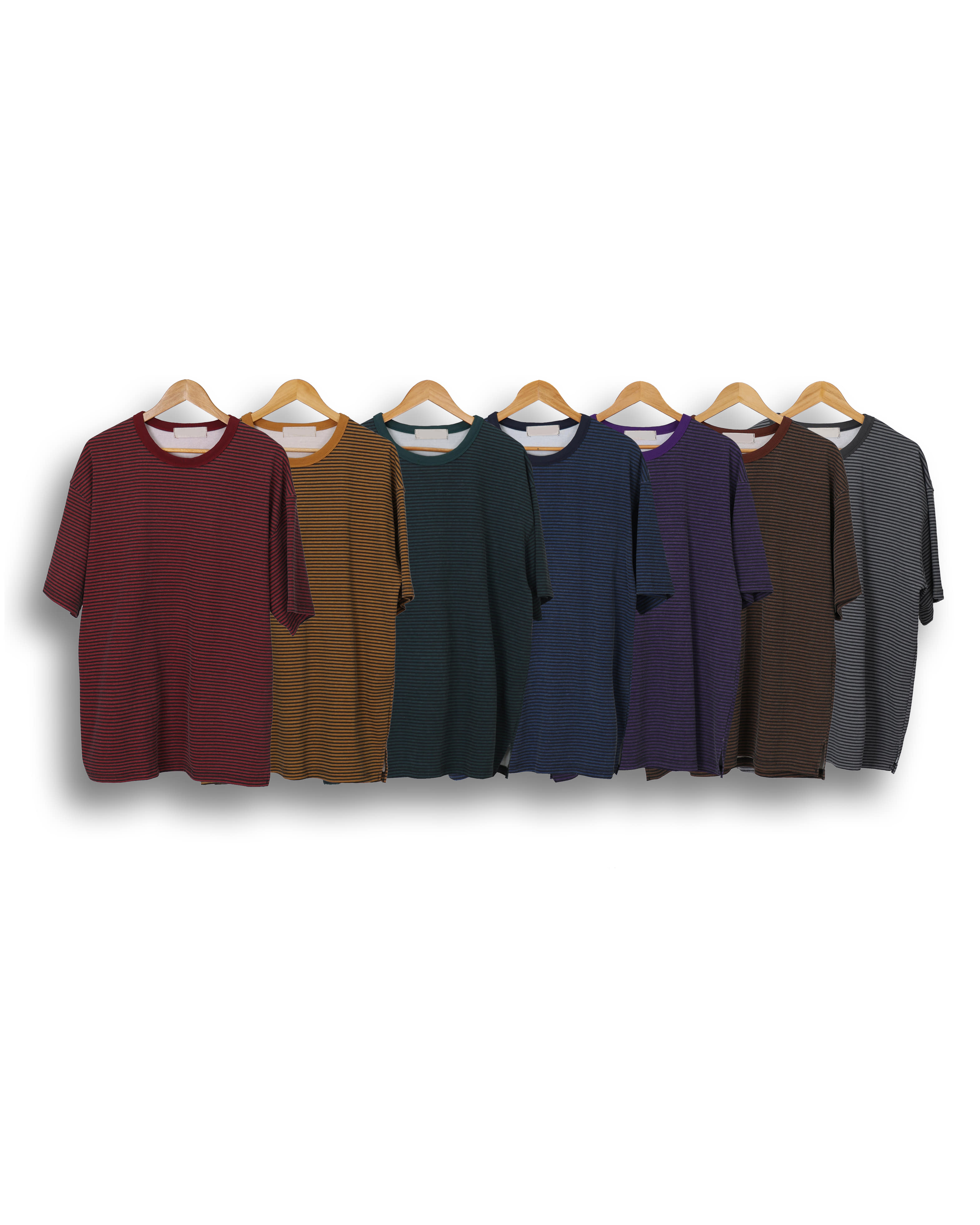 TWELVE Stripe Basic Cotton T Shirts(Gray/Purple/Brown/Blue/Green/Yellow/Red)