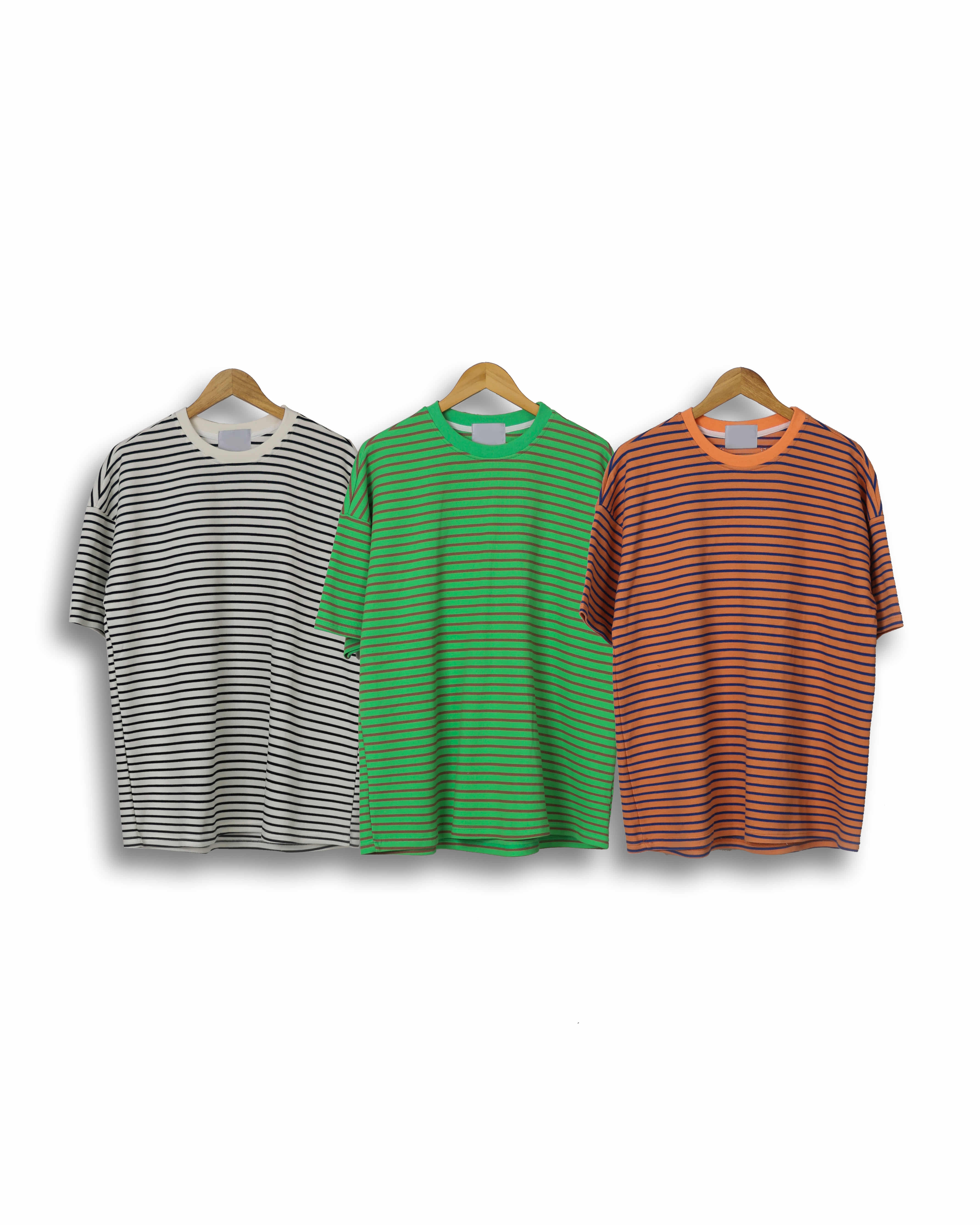 IVA Stripe Basic Loose T Shirts (Green/Orange/Ivory)