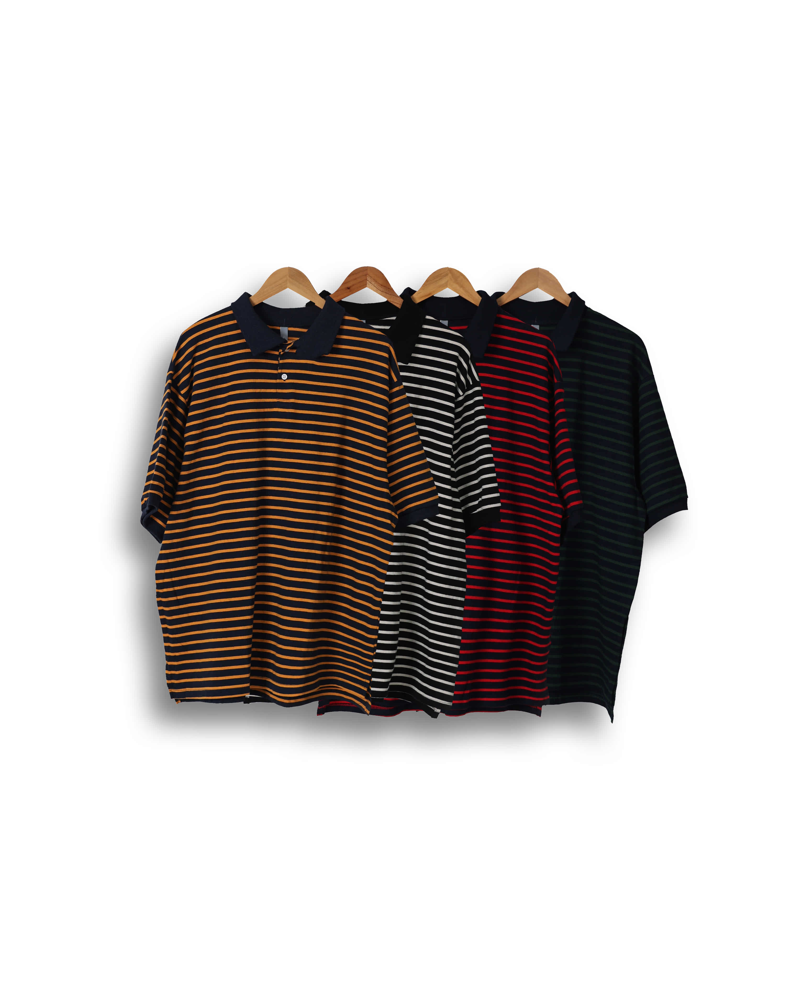 CON Washed Stripe Collar T-Shirts (Black/Green/Red/Mustard)