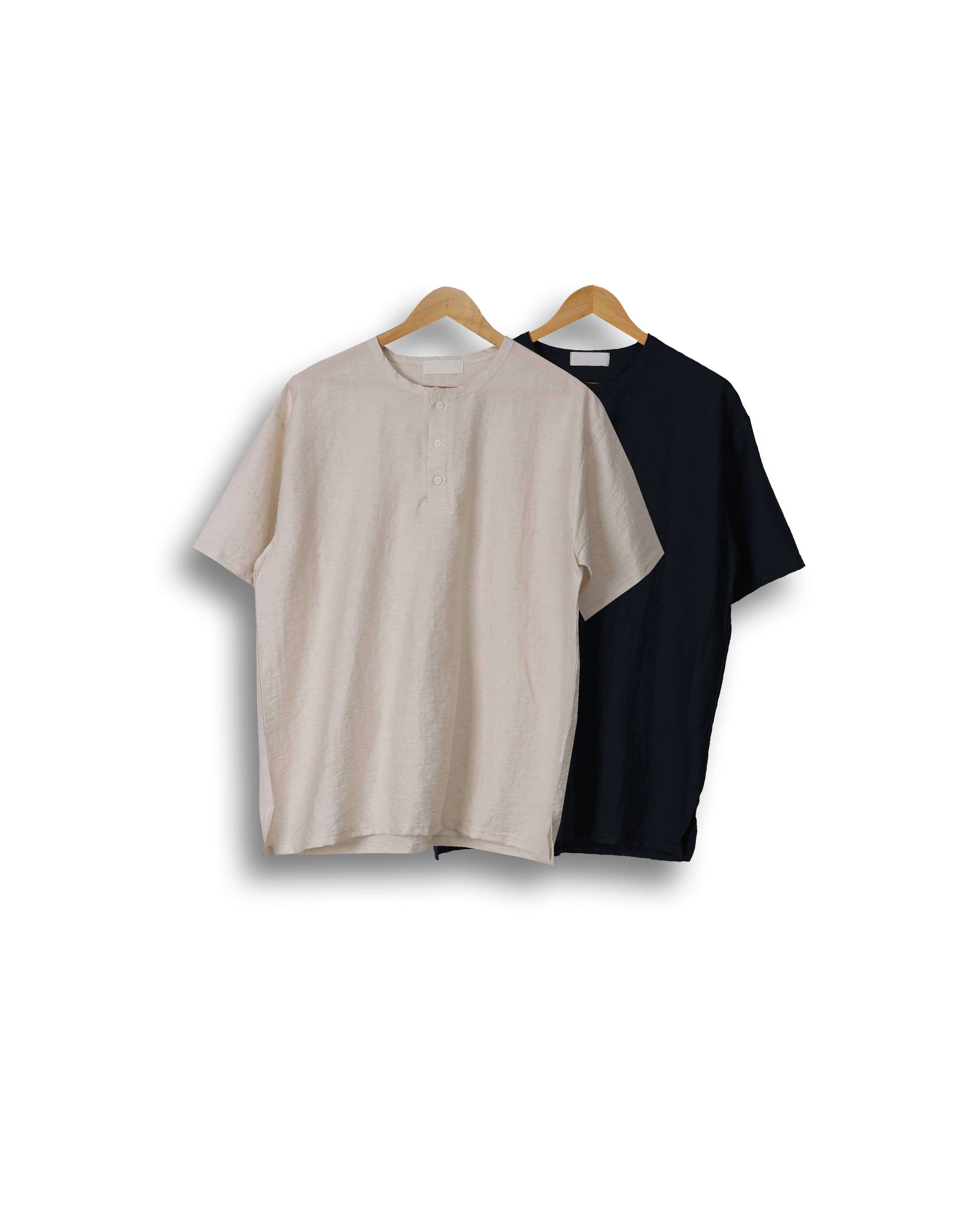 MOSS Linen Herny Neck Loose T Shirts (Navy/Ivory)