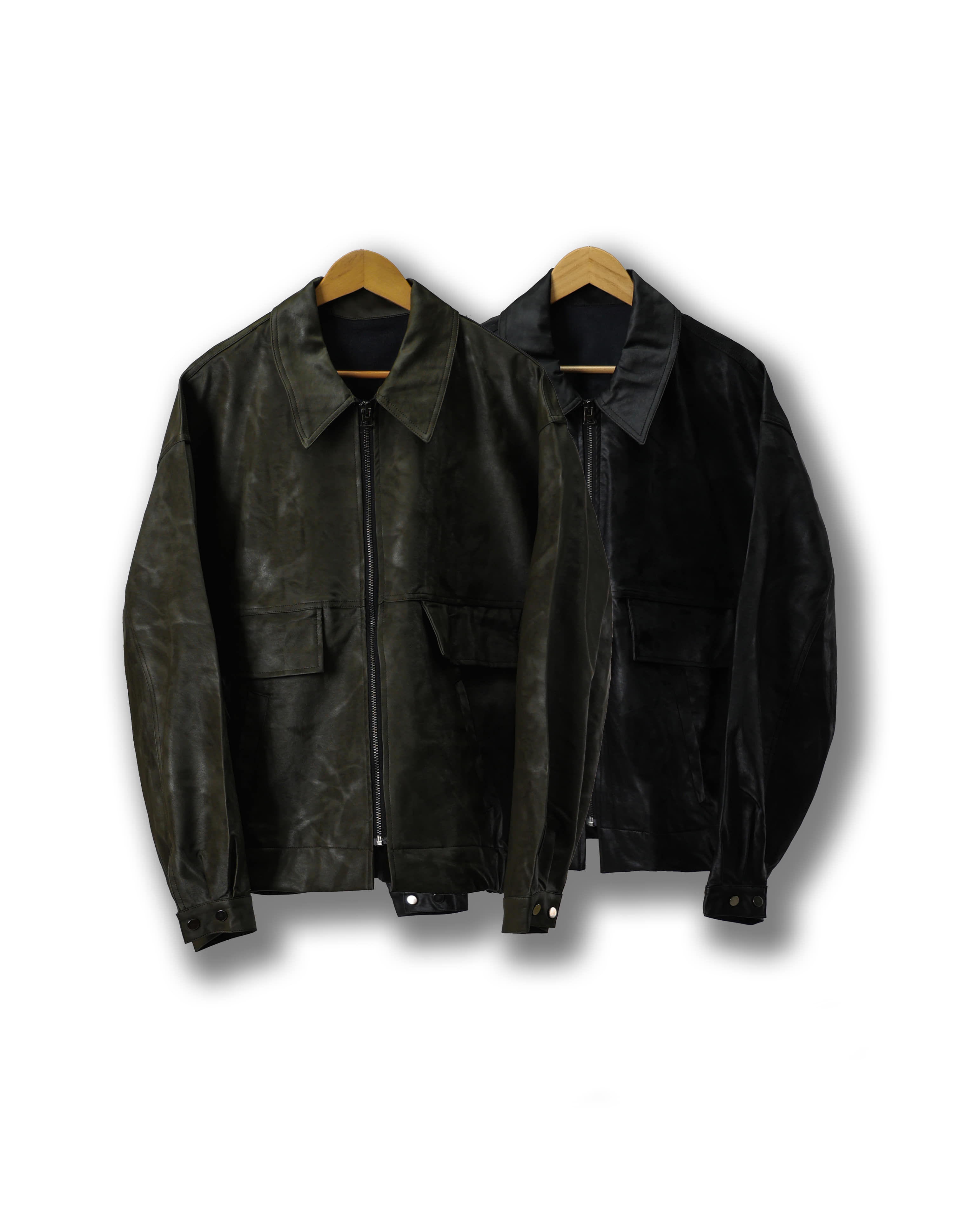 A-2 Vintage Pocket Vegan Leather Jacket (Black/Khaki)