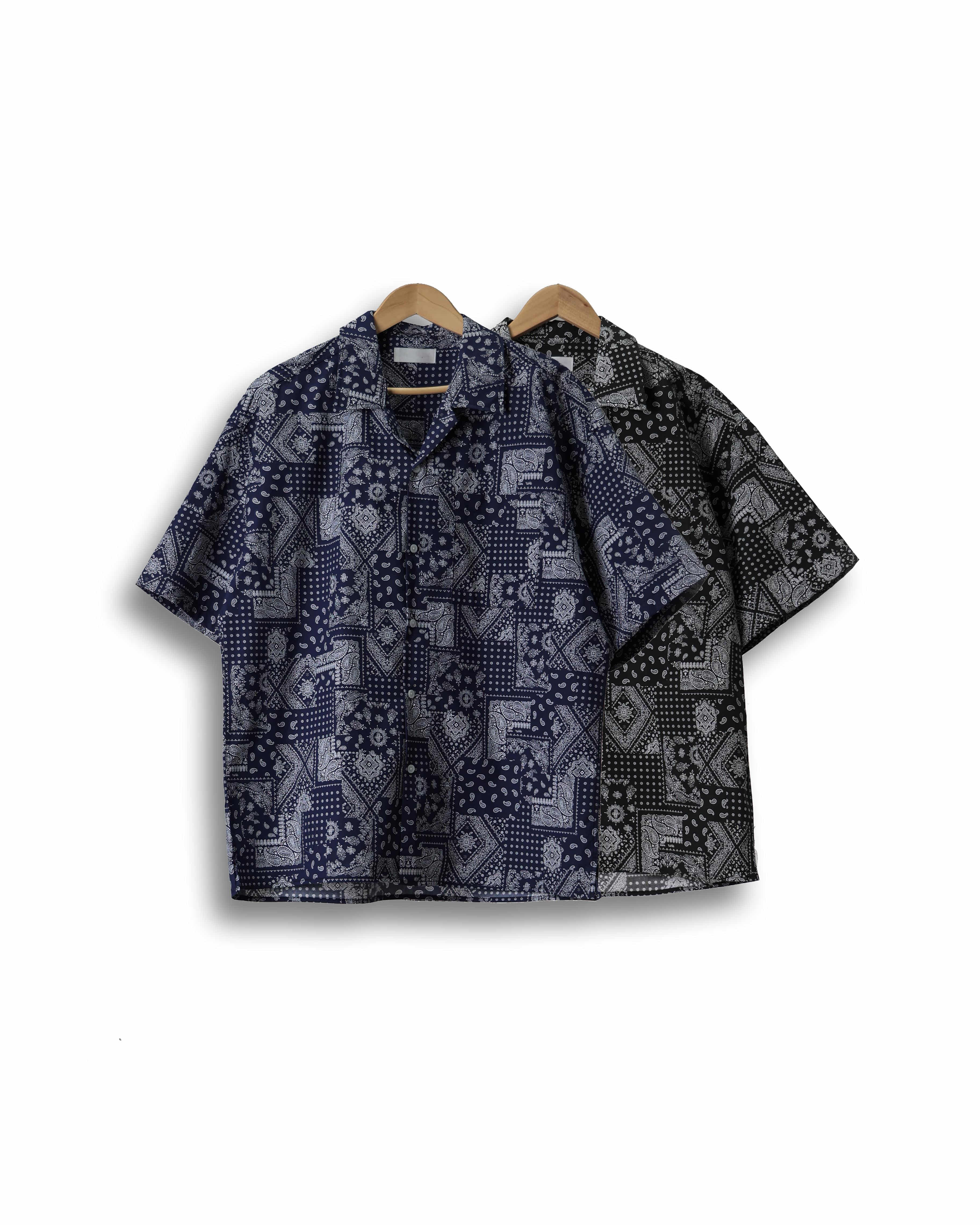 RAON Deep Paisley Pattern Half Shirts (Black/Navy)