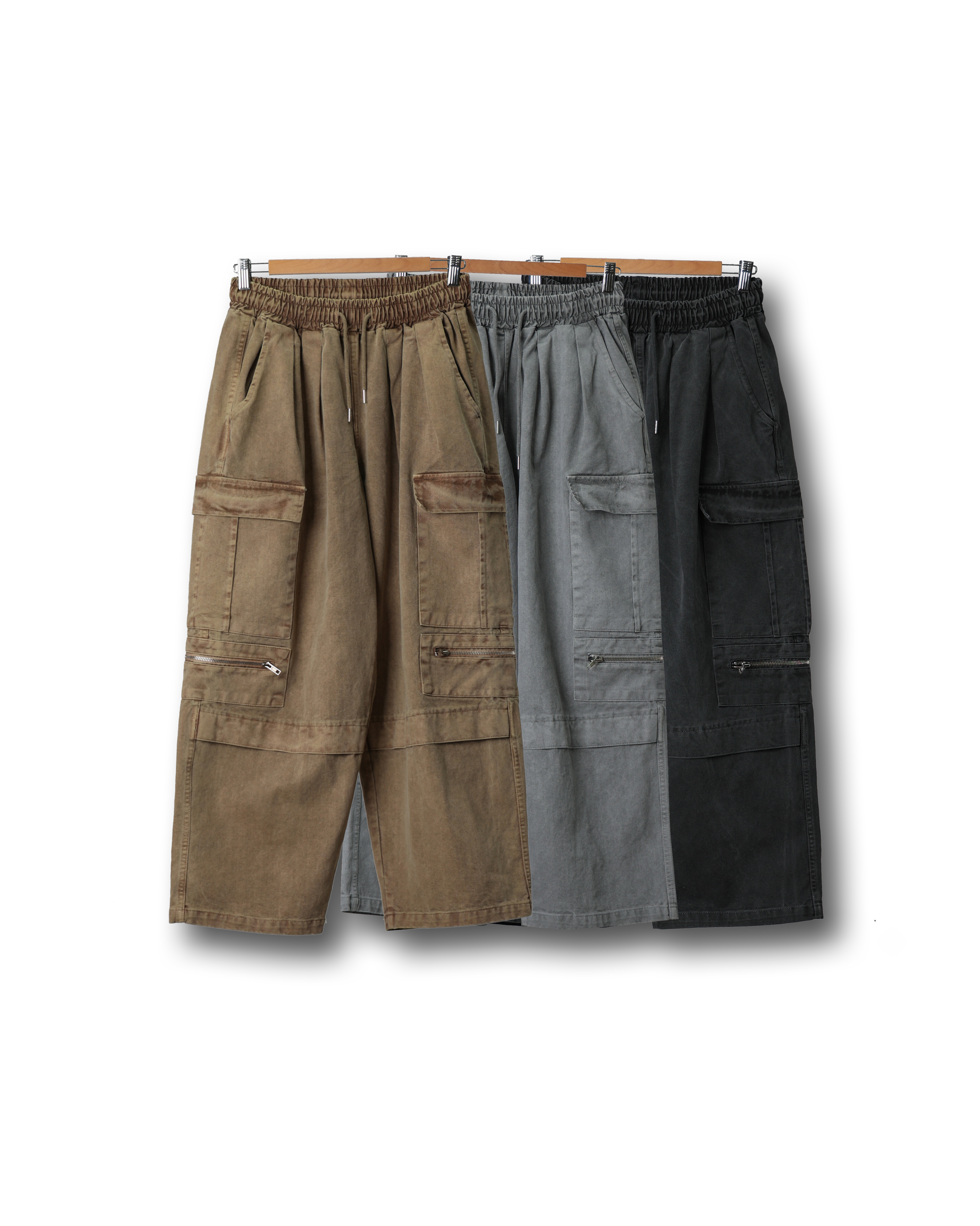 PLGROUND Side Zip Pigments Cargo Pants (Charcoal/Light Gray/Camel Brown)