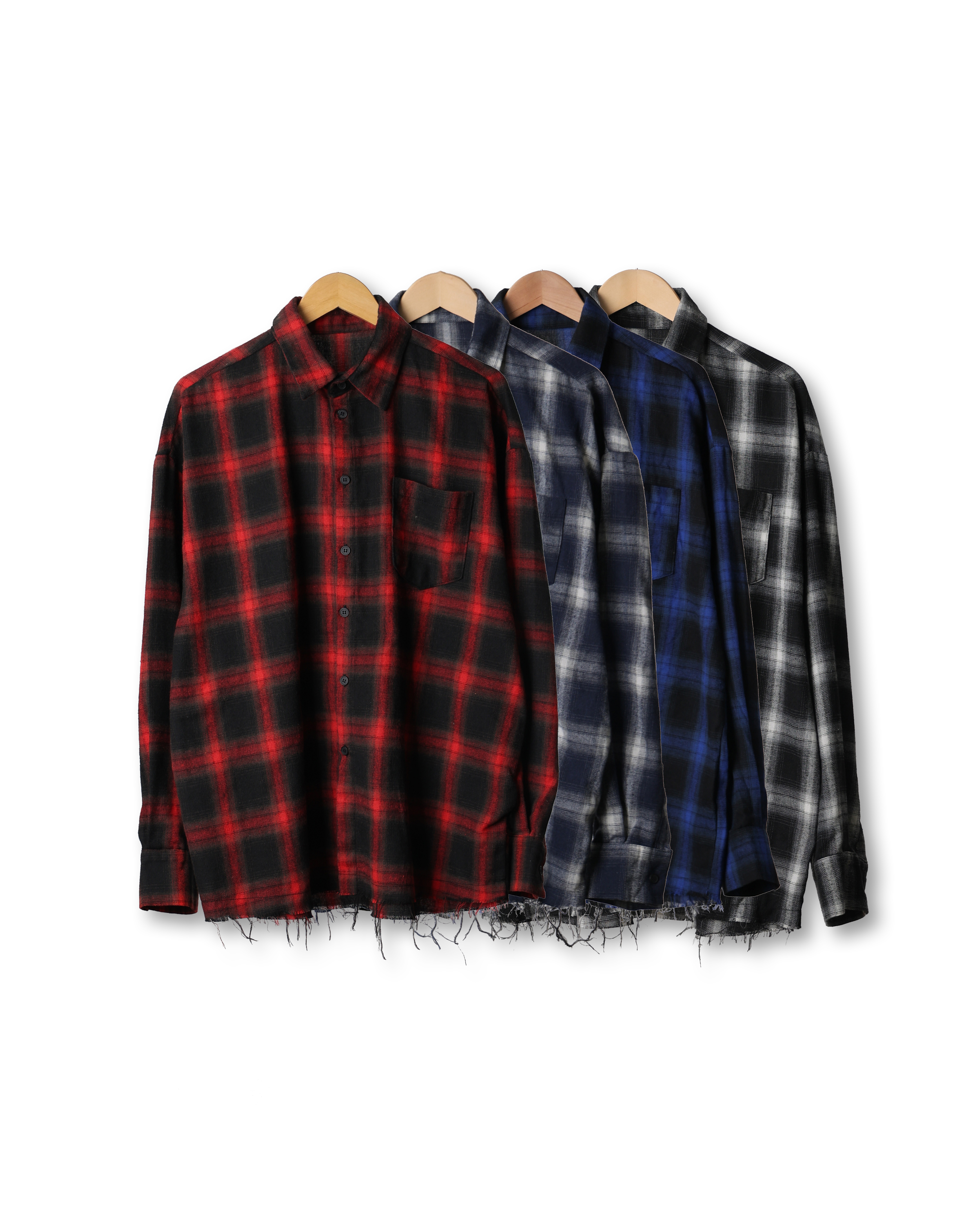DOVR OMBRE Damaged Check Over Shirts (Black/Navy/Blue/Red)