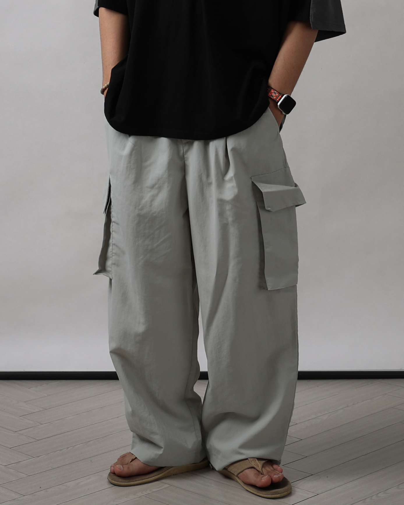 DENS Big Pocket Washed Nylon Cargo Pants (Black/Gray/Olive)