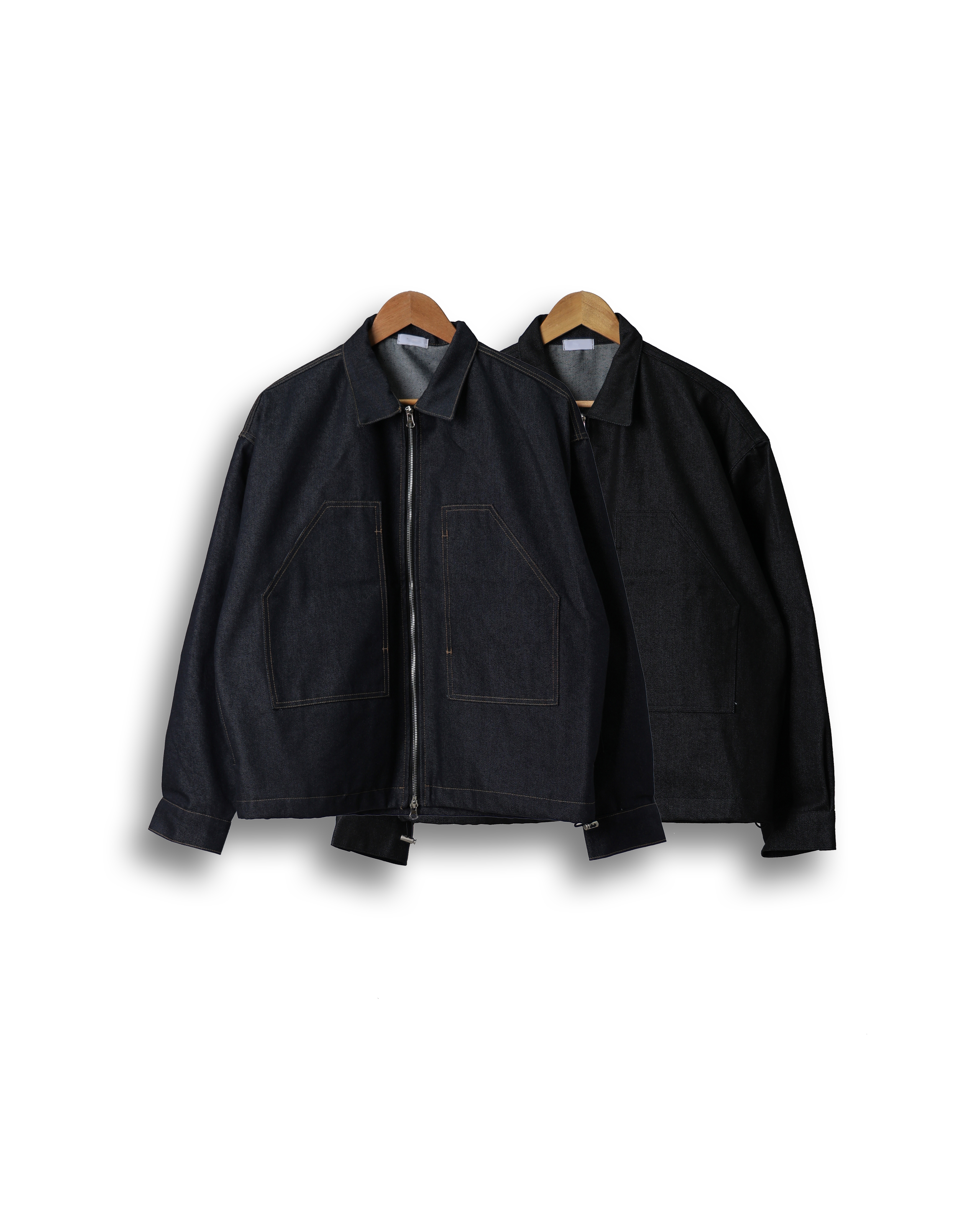 PORT BUTIC  Zip Work Denim Jacket (Black Denim/Raw Denim)