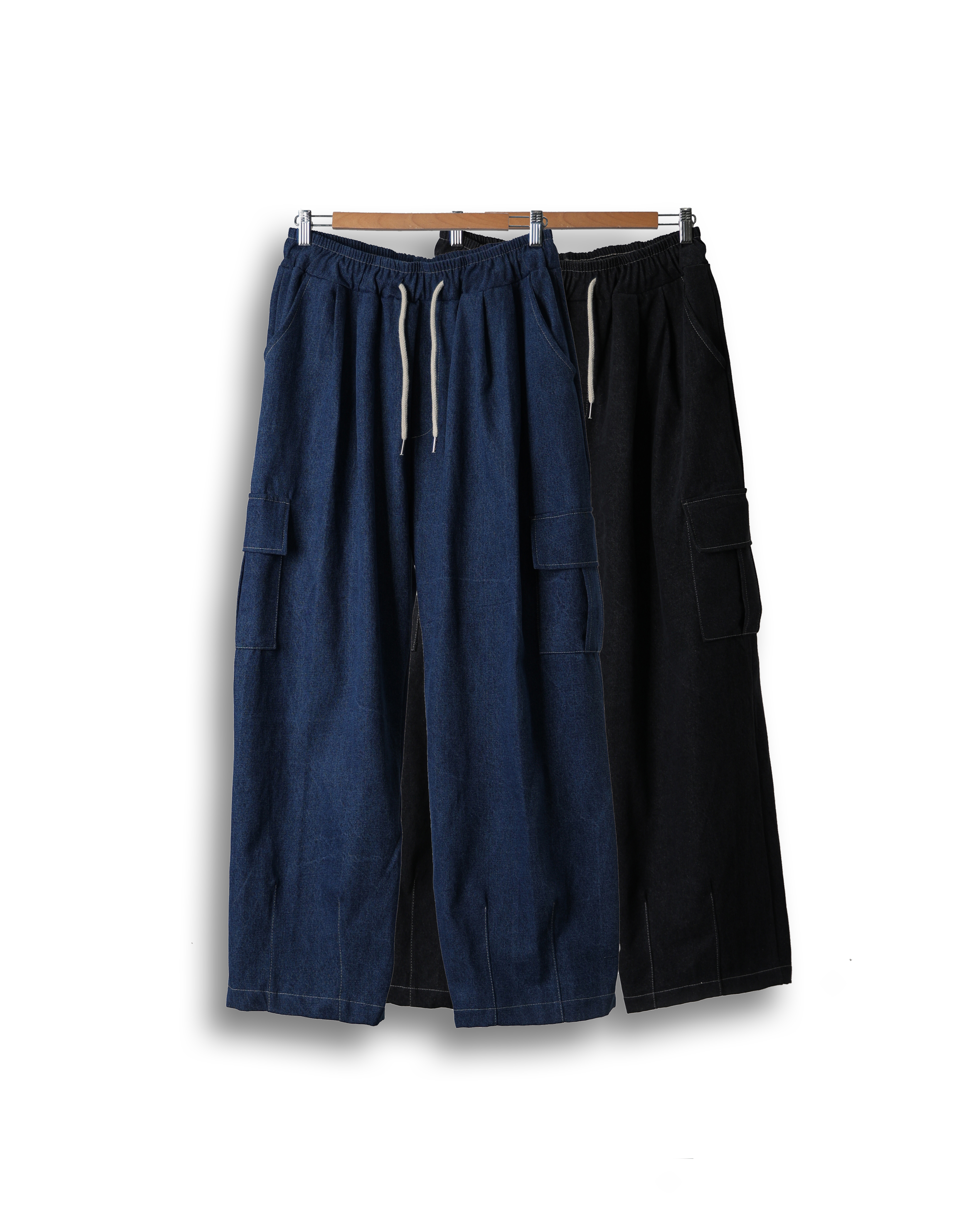 H.DROW Denim Wide Cargo Dart Pants (Black Denim/Blue Denim)