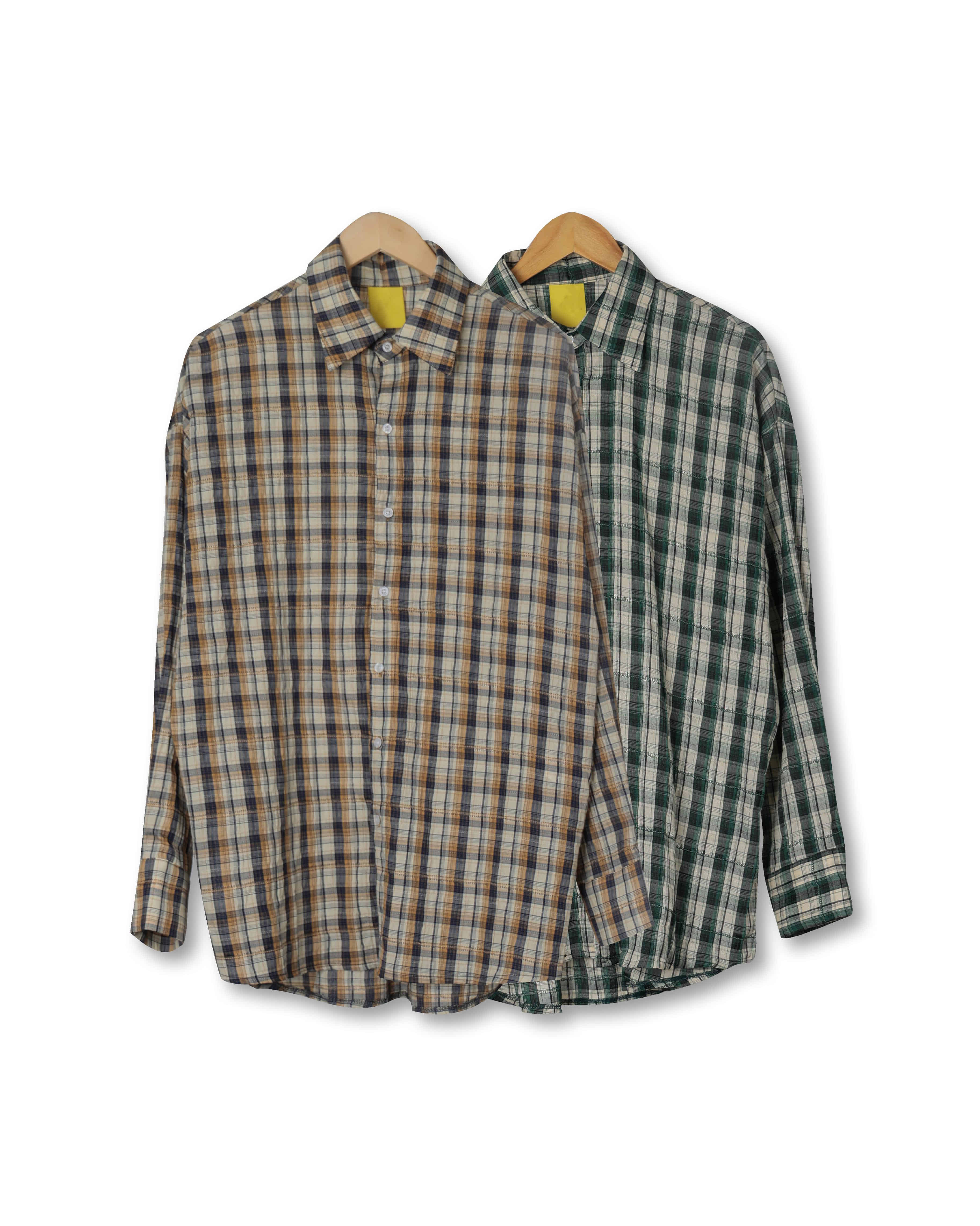 B.ATTEN Wrinkle Text Casual Check Shirts (Green/Beige)