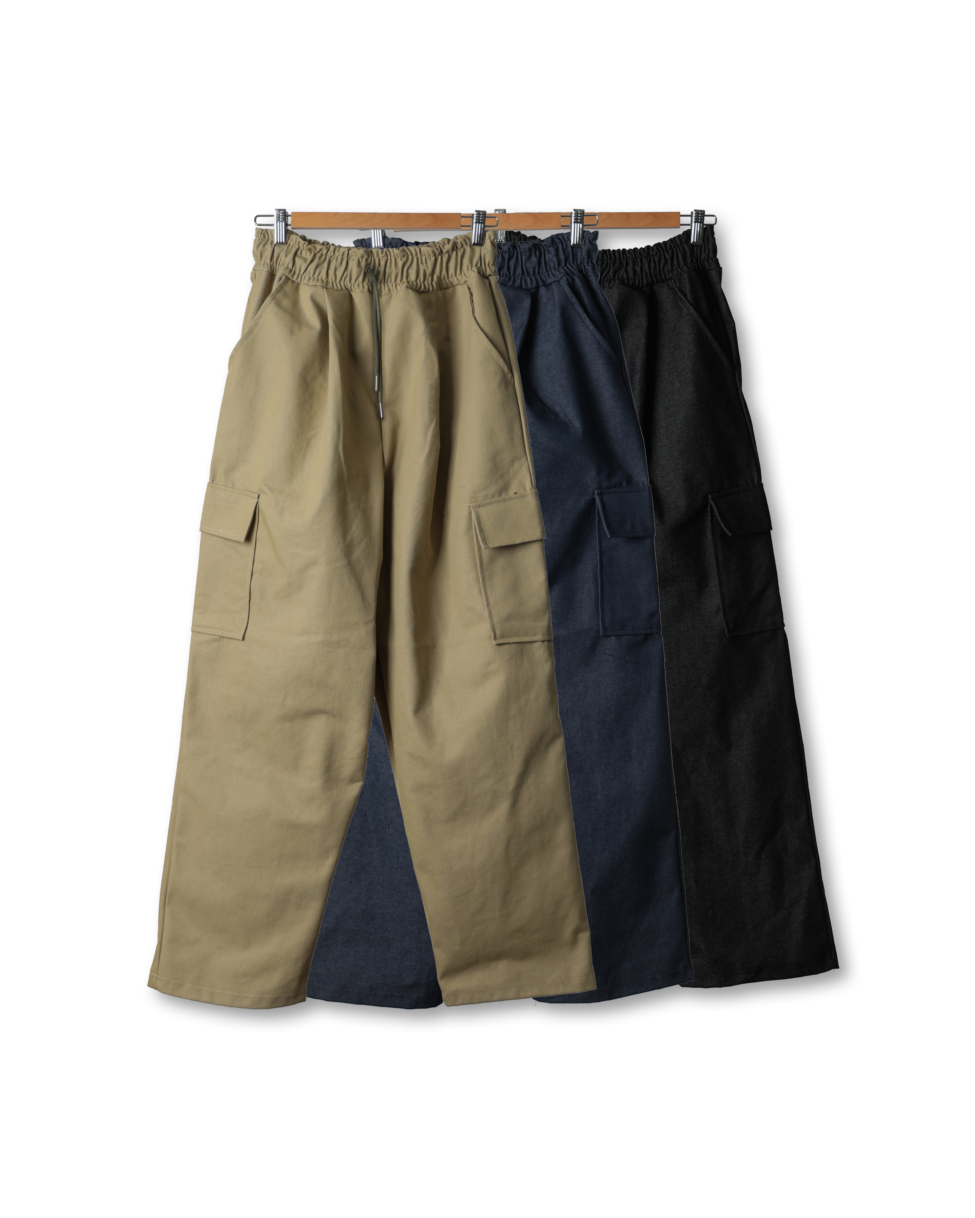 NEWBS CP Pintuck Cargo Wide Pants (Black Denim/Blue Denim/Beige)